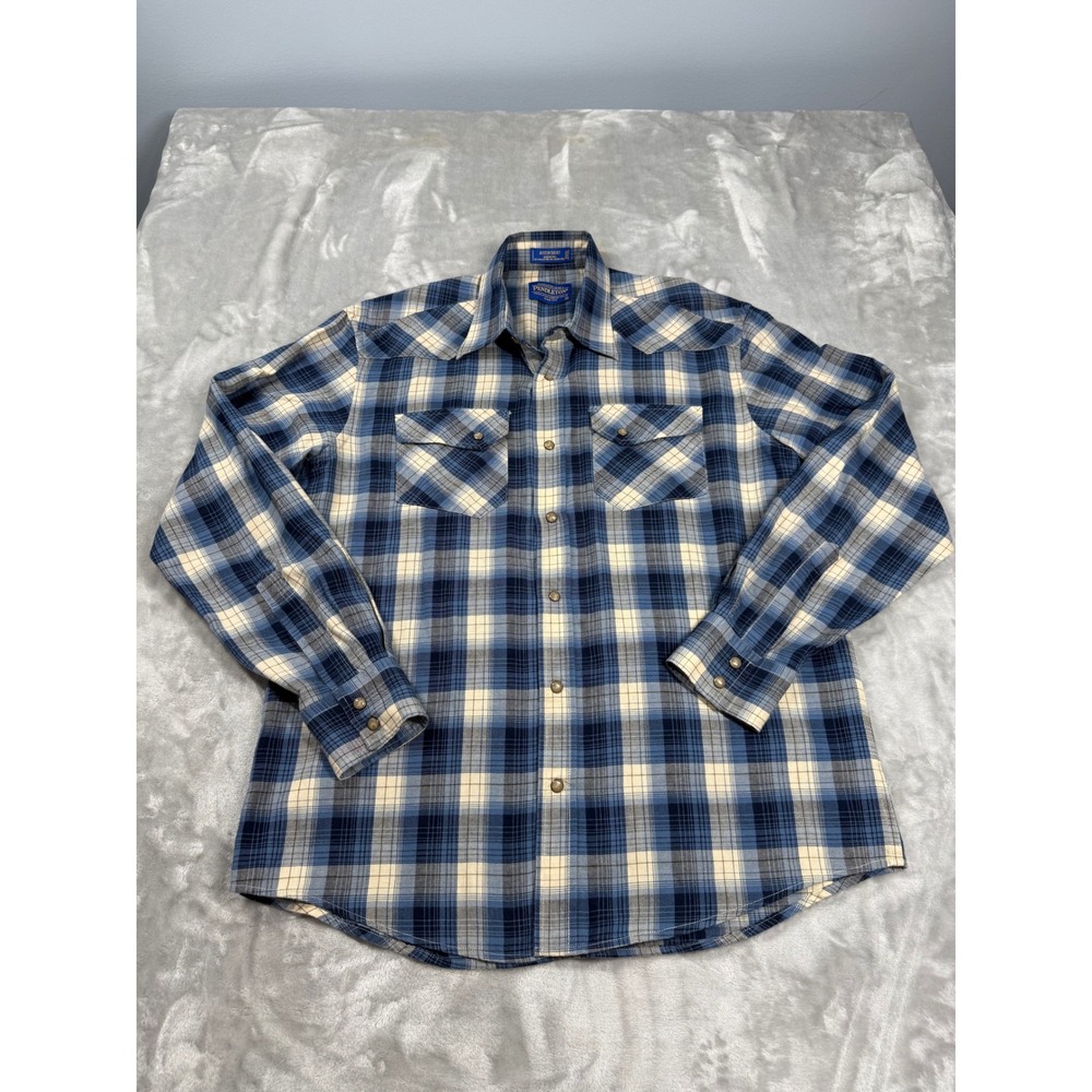 Pendleton Austin Shirt Mens Medium Pearl Snap Plaid Pima Cotton Merino Wool